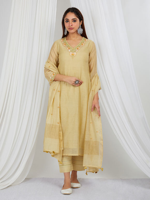 Pastel Yellow Embroidered Chanderi Mul Suit - Set of 3