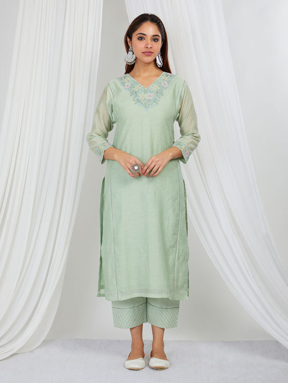 Mint Green Embroidered Chanderi Mul Kurta with Pants - Set of 2