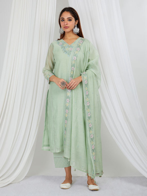 Mint Green Embroidered Chanderi Mul Suit - Set of 3