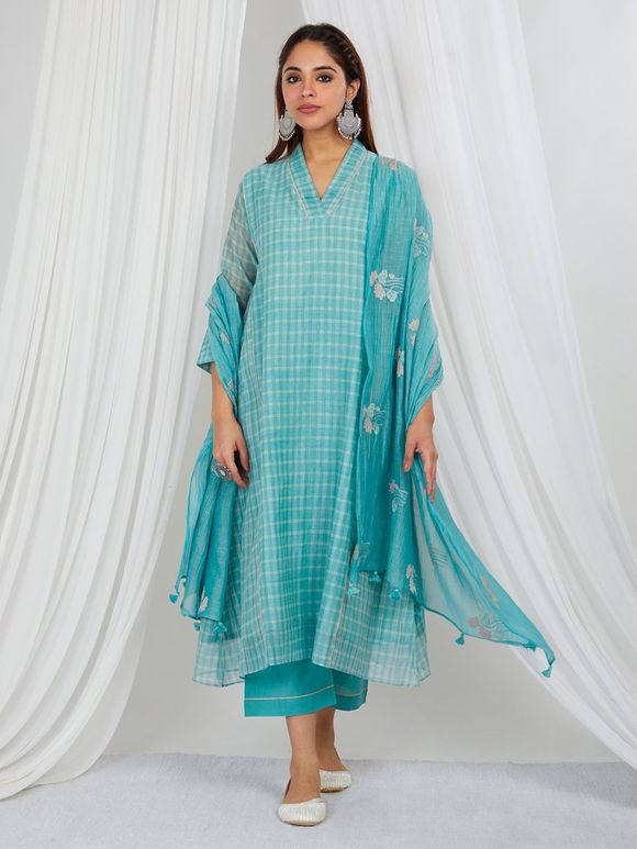 Turquoise Hand Block Printed Chanderi Mul Suit - Set of 3