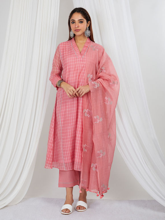 Light Pink Hand Block Printed Chanderi Mul Suit - Set of 3