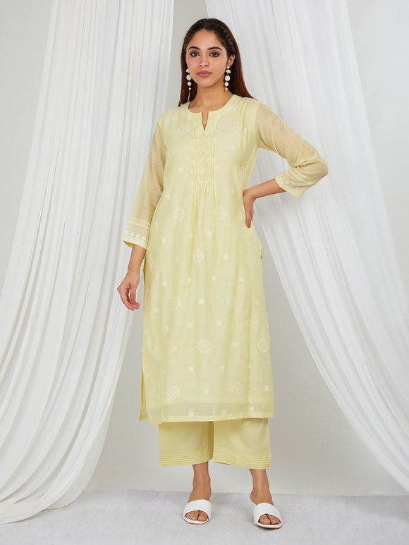 Lemon Yellow Embroidered Chanderi Mul Suit - Set of 3