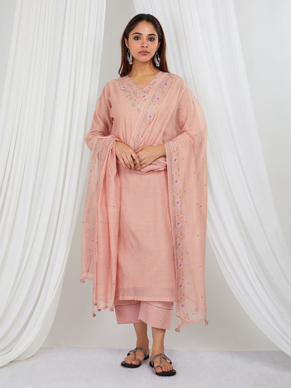 Peach Embroidered Chanderi Mul Suit - Set of 3