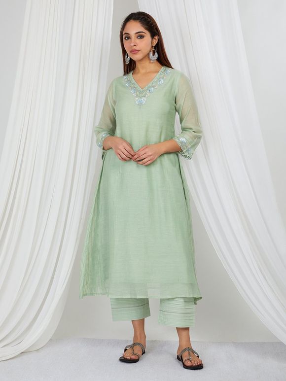 Mint Green Embroidered Chanderi Mul Kurta with Pants - Set of 2