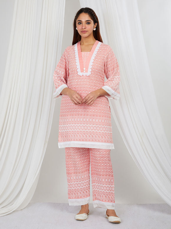 Coral Embroidered Cotton Kurta with Pants- Set of 2