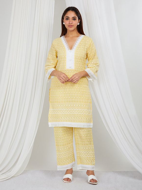 Yellow Embroidered Cotton Kurta with Pants- Set of 2