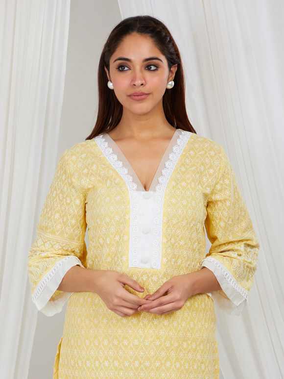 Yellow Embroidered Cotton Kurta with Pants- Set of 2