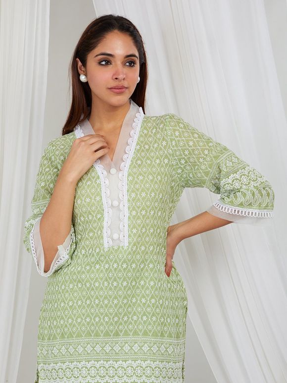 Green Embroidered Cotton Kurta with Pants- Set of 2