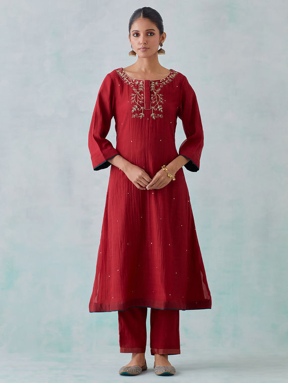 Maroon Embroidered Crushed  Chanderi Kurta with Pants- Set of 2