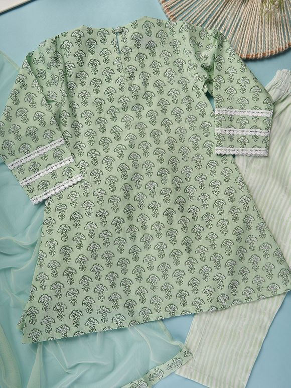 Pista Green  Printed Cambric Cotton Kurta with Pants - Set of 2