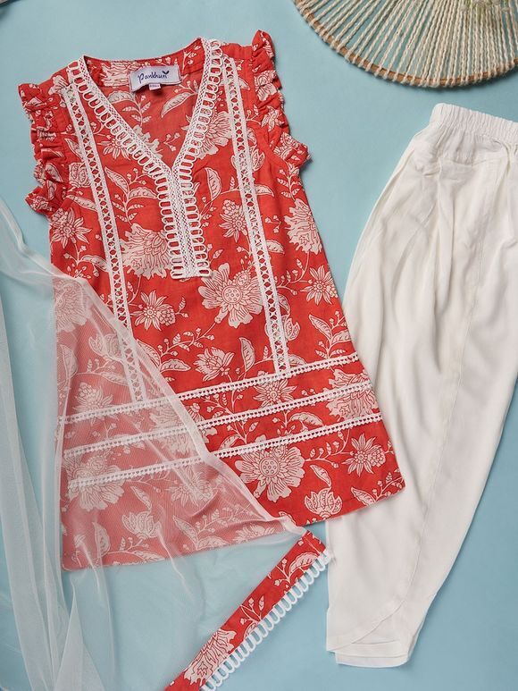 Red White Printed Cambric Cotton Kurta with Tulip Pants - Set of 2