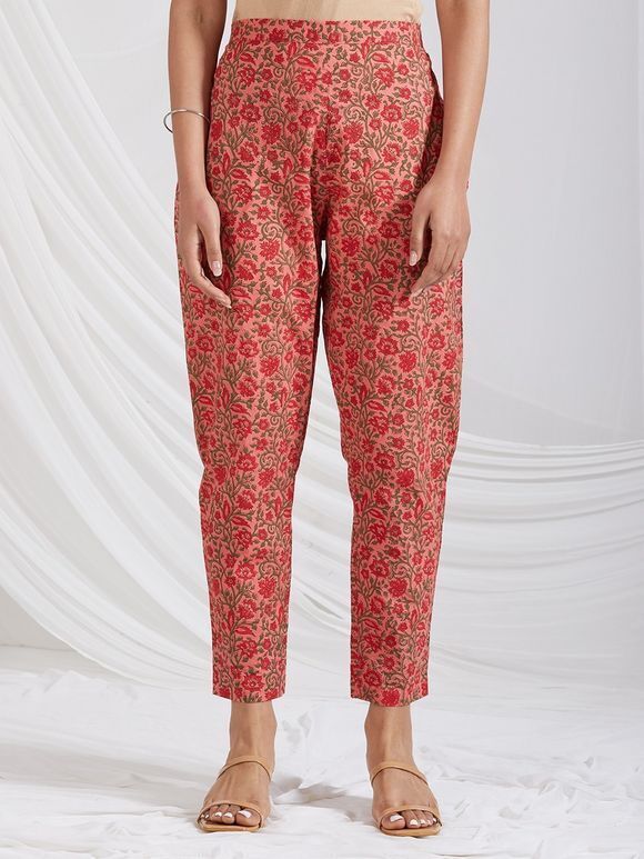 Red Hand Block Printed Cotton Pants