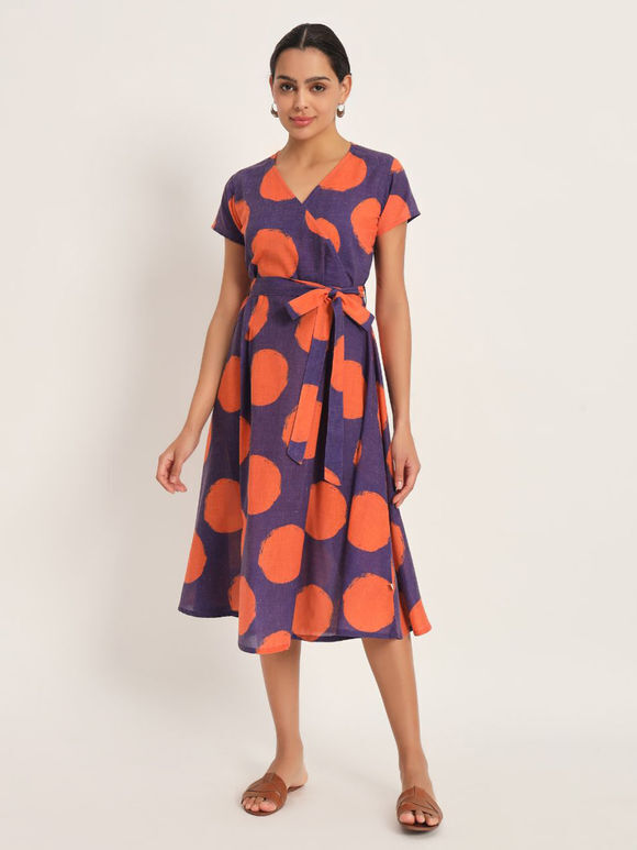 Orange Purple Printed Cotton Blend Dress with Belt