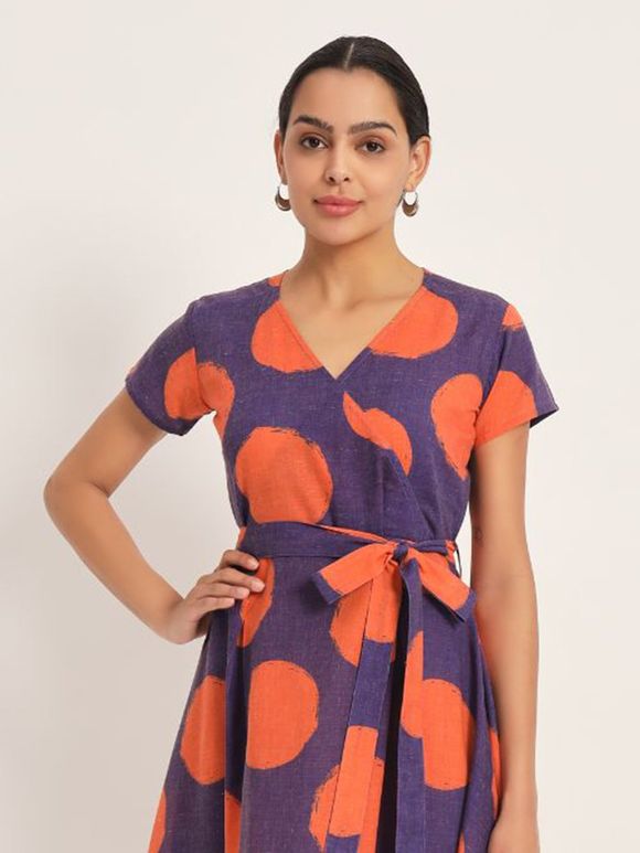 Orange Purple Printed Cotton Blend Dress with Belt