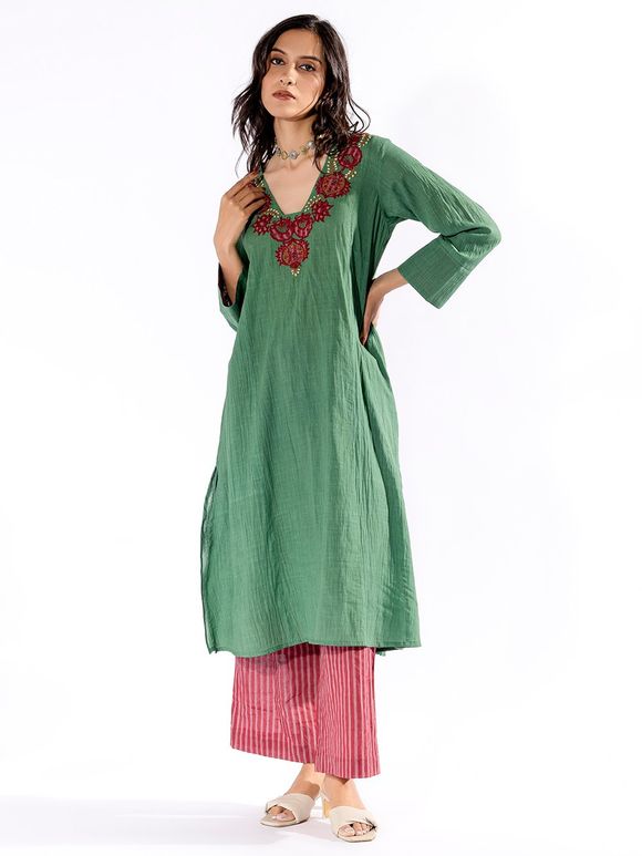 Green Red Embroidered Cotton Kurta with Pants- Set of 2