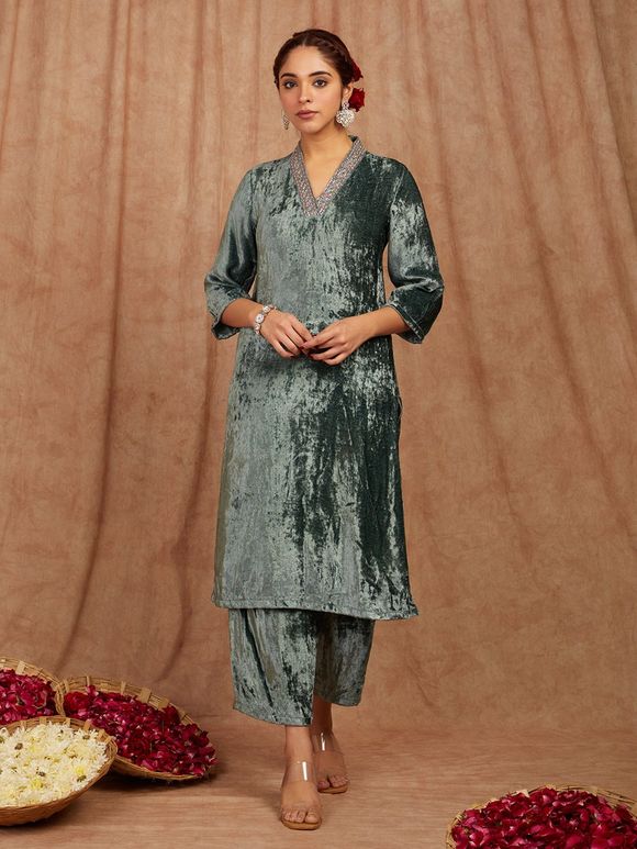 Grey Embroidered Velvet Suit- Set of 3
