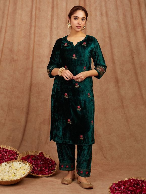 Emerald Green Embroidered Velvet Suit- Set of 3