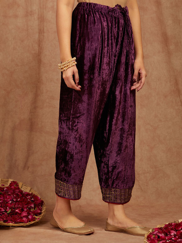Purple Embroidered Velvet Pants