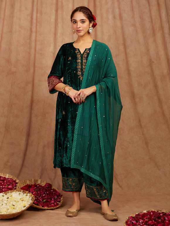 Green Embroidered Velvet Suit- Set of 3