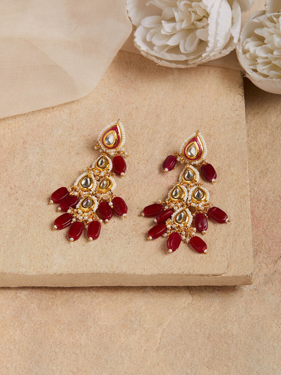 Gold Toned Red Handcrafted Metal Earrings