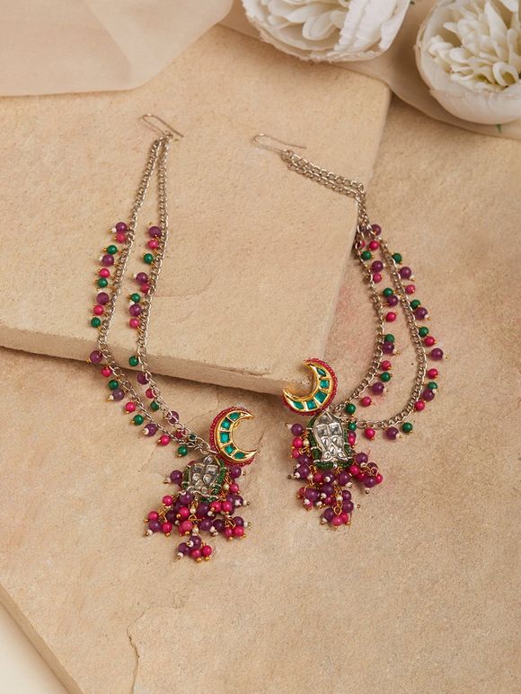Multicolor Handcrafted Metal Earrings with Hair Chain