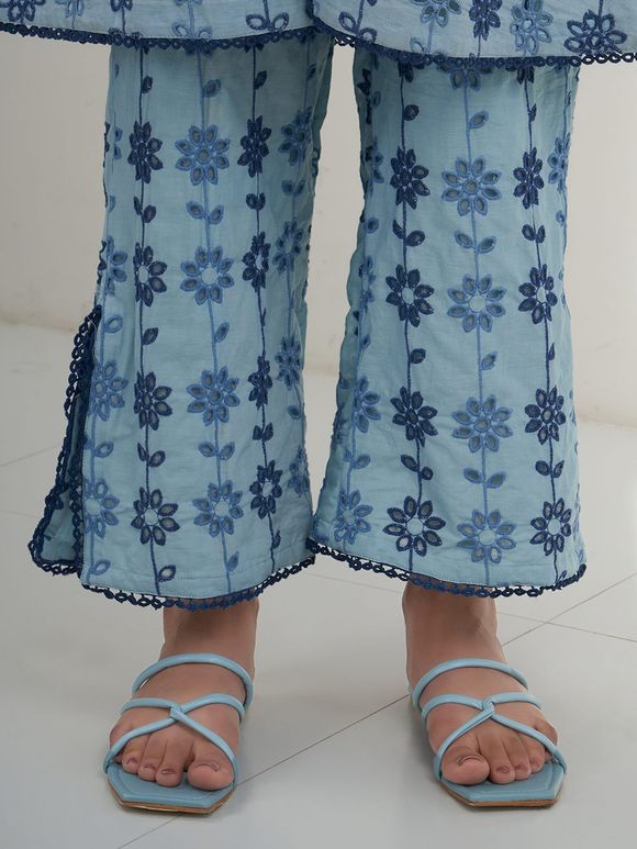 Blue Embroidered Cotton Pants