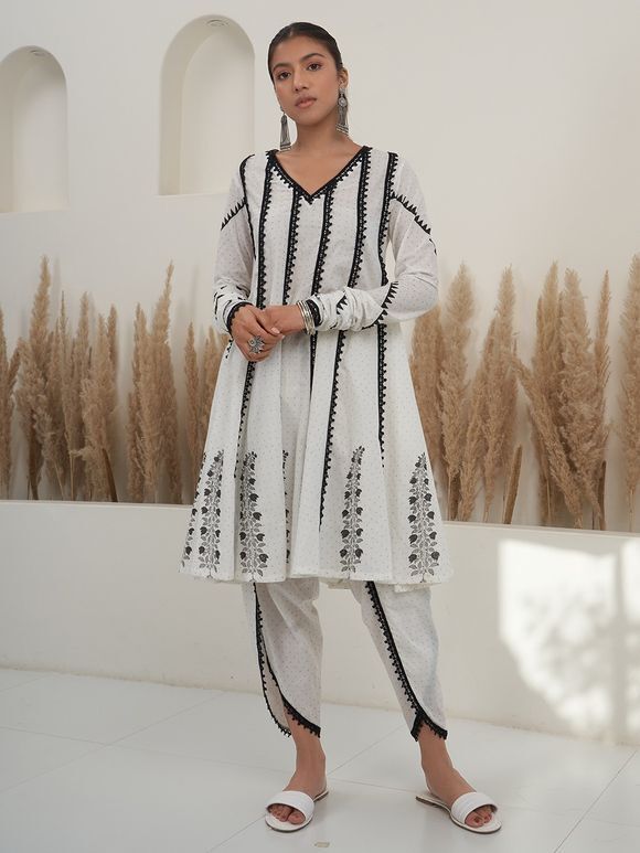 White Black Hand Block Printed Cotton Anarkali Kurta with Dhoti Pants- Set of 2