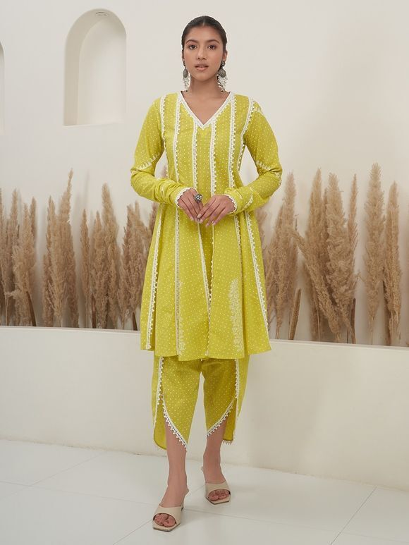 Yellow Hand Block Printed Cotton Anarkali Kurta with Dhoti Pants- Set of 2