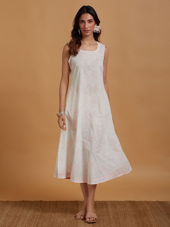 White Pink Hand Block Printed Cotton Dress