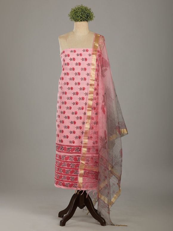 Pink Hand Block Printed Cotton Suit Fabric and Organza Dupatta -Set of 3