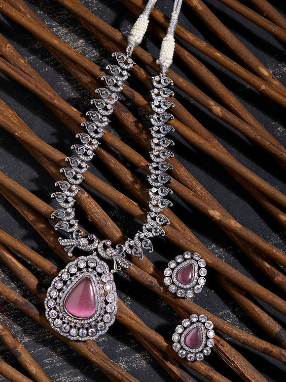 Silver Toned Pink Handcrafted Brass Necklace with Earrings - Set of 2