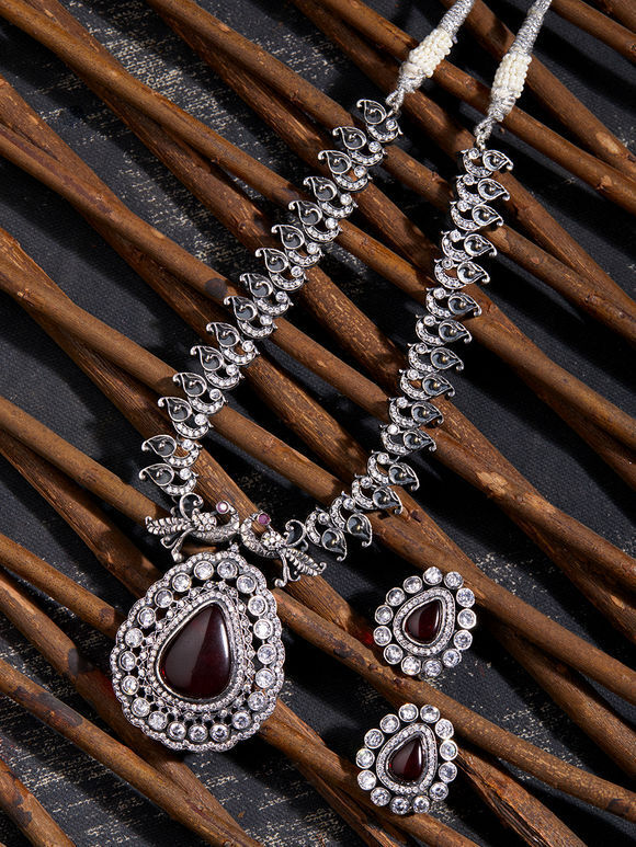 Silver Toned Maroon Handcrafted Brass Necklace with Earrings - Set of 2