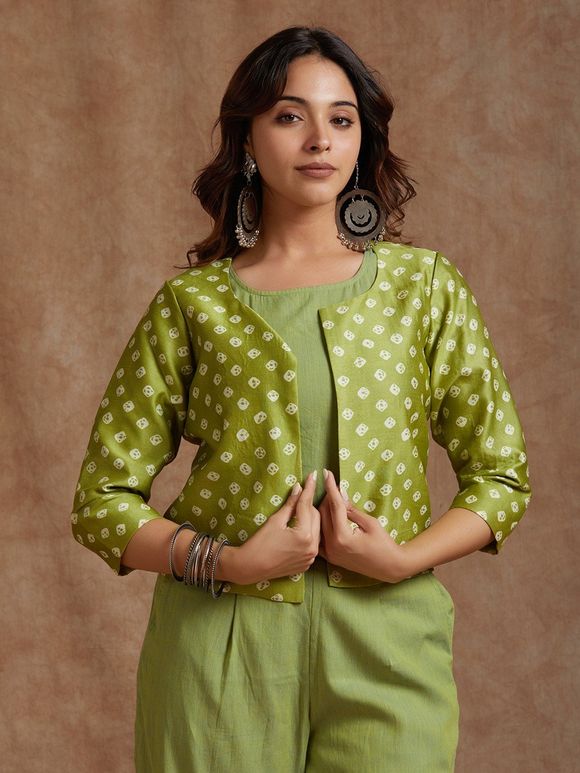 Light Green Printed Chanderi Silk Jacket