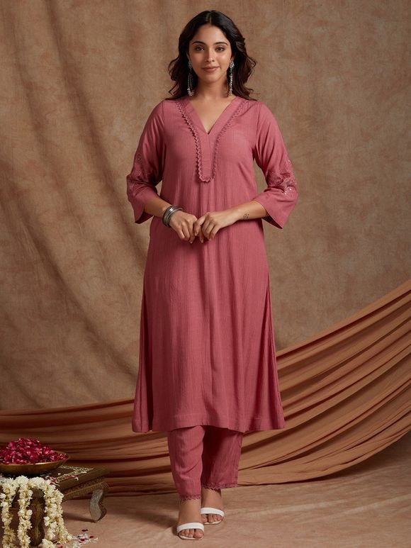Old Rose Hand Embroidered Crinkled Cotton Kurta with Pants- Set of 2