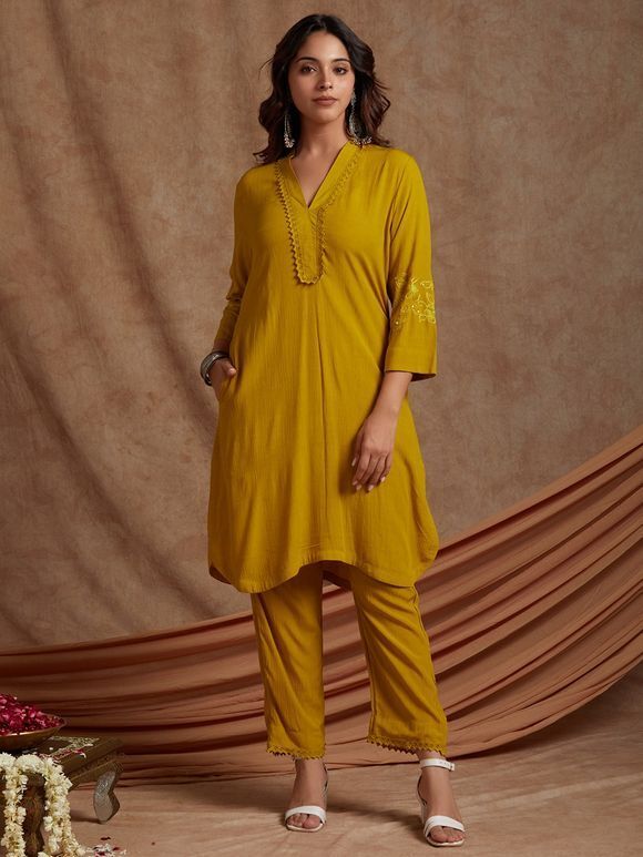 Mustard Yellow Hand Embroidered Crinkled Cotton Kurta with Pants- Set of 2