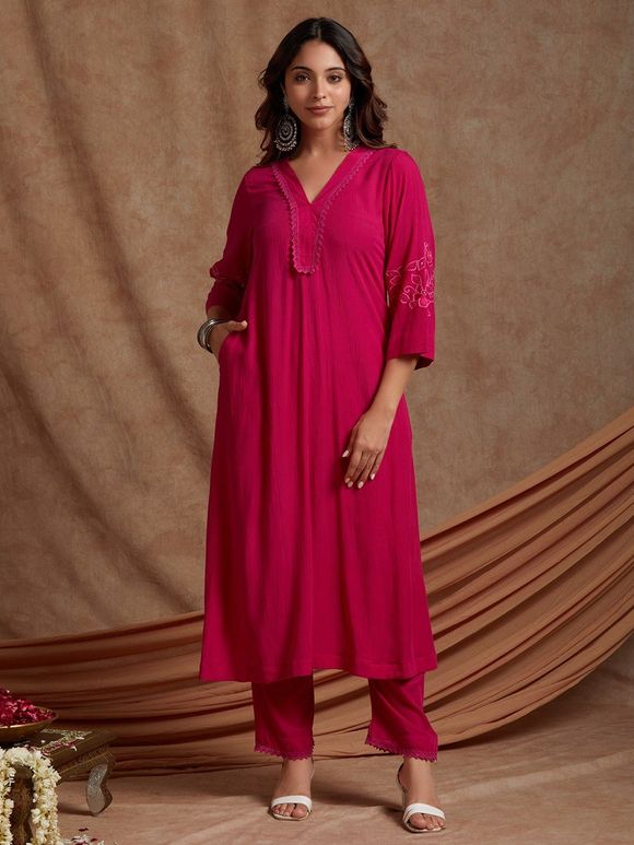 Pink Hand Embroidered Crinkled Cotton Kurta with Pants- Set of 2