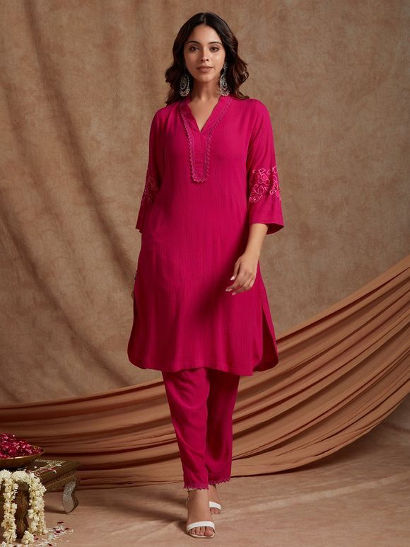 Pink Hand Embroidered Crinkled Cotton Kurta with Pants- Set of 2