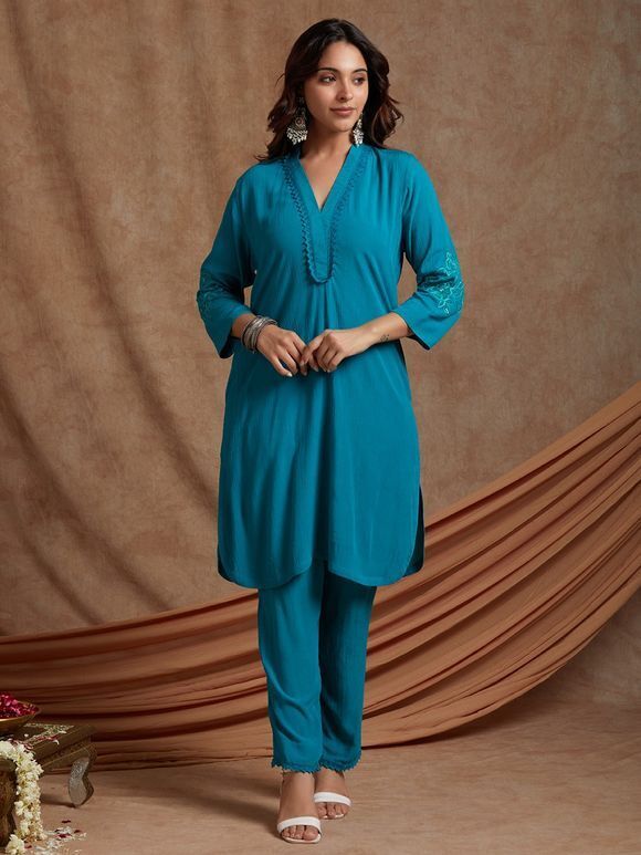 Turquoise Hand Embroidered Crinkled Cotton Kurta with Pants- Set of 2