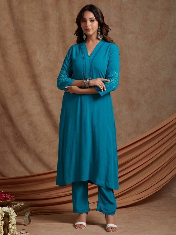 Turquoise Hand Embroidered Crinkled Cotton Kurta with Pants- Set of 2