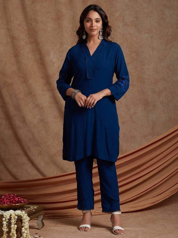 Navy Blue Hand Embroidered Crinkled Cotton Kurta with Pants- Set of 2