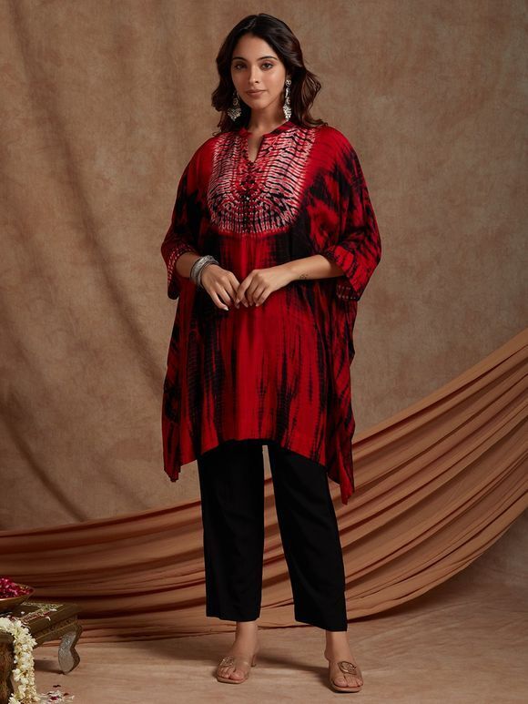 Red Black Tie and Dye Muslin Cotton Tunic with Pants- Set of 2