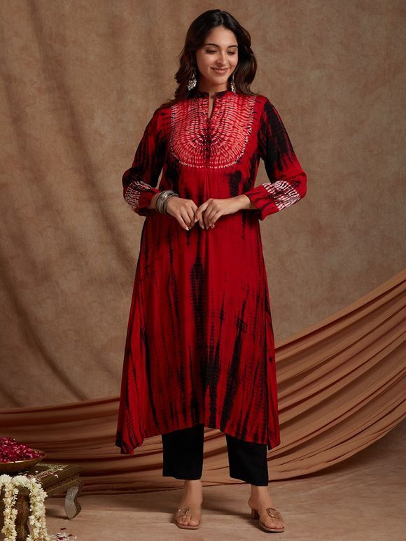 Red Black Tie and Dye Muslin Cotton Kurta with Pants- Set of 2