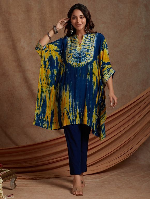 Blue Yellow Tie and Dye Muslin Cotton Tunic with Pants- Set of 2