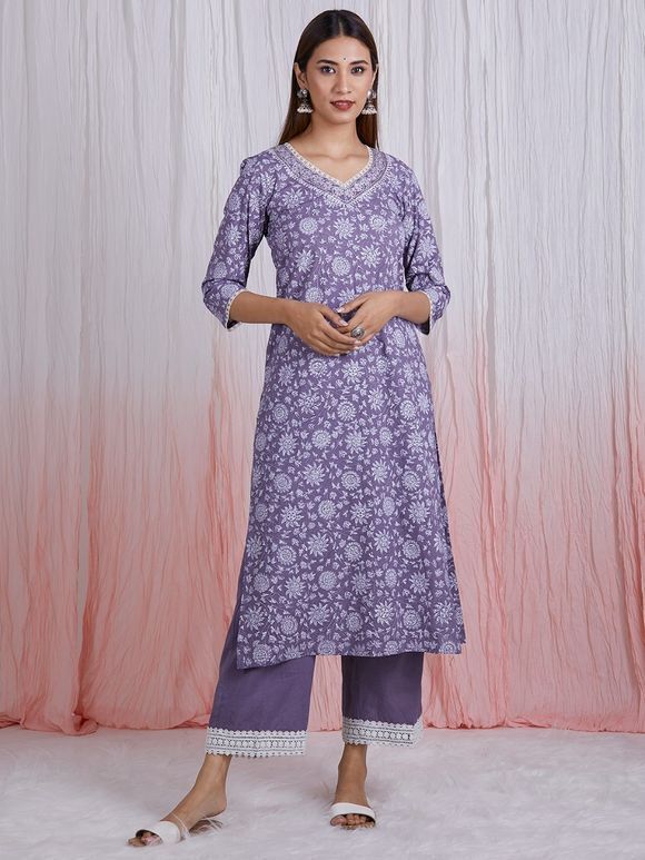 Purple Hand Block Printed Cotton Suit with Organza Scalloped Dupatta- Set of 3