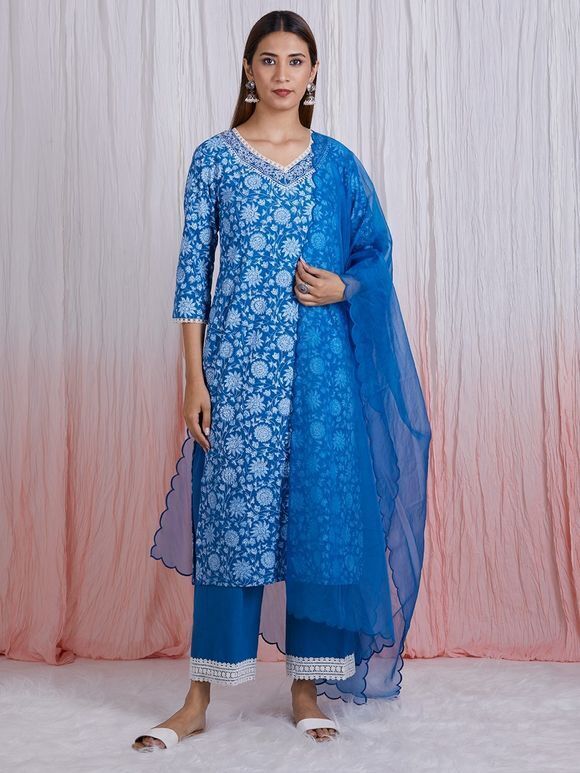 Blue Hand Block Printed Cotton Suit with Organza Scalloped Dupatta- Set of 3