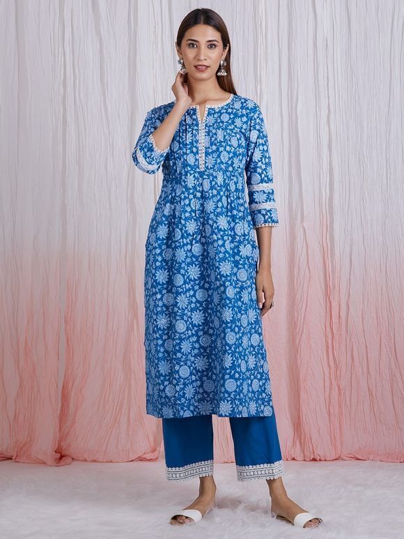 Blue Hand Block Printed Cotton Pintuck Suit with Organza Scalloped Dupatta- Set of 3