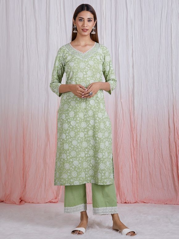 Mint Green Hand Block Printed Cotton Kurta with Lace Pants- Set of 2
