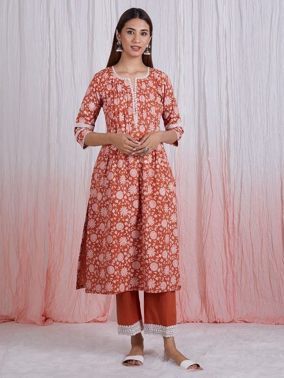 Rust Hand Block Printed Cotton Pintuck Suit with Organza Scalloped Dupatta- Set of 3