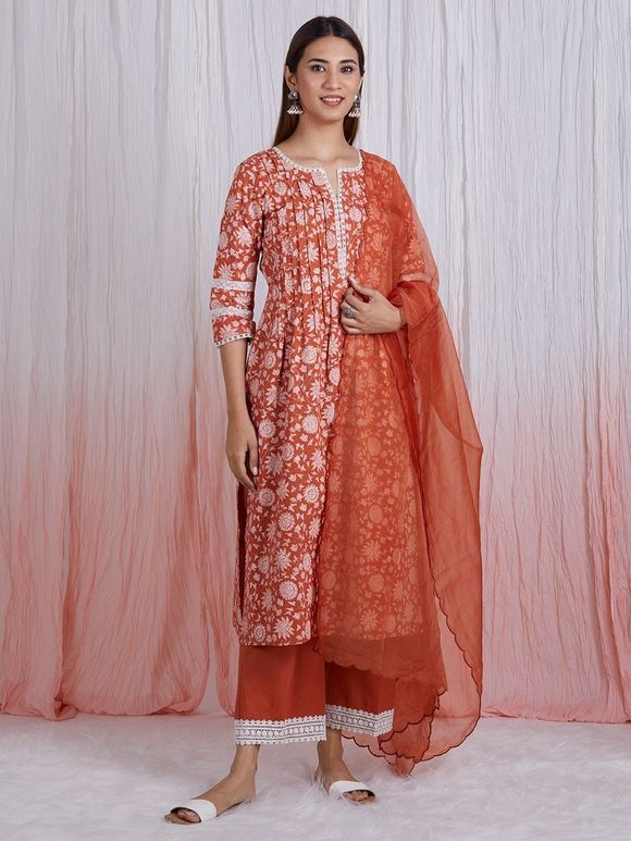 Rust Hand Block Printed Cotton Pintuck Suit with Organza Scalloped Dupatta- Set of 3