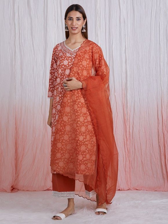 Rust Hand Block Printed Cotton Suit with Organza Scalloped Dupatta- Set of 3